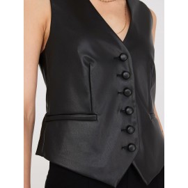 Faux Leather Button-Front Vest