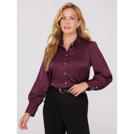 Dot Print Satin Volume Sleeve Button-Front Blouse