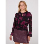 Floral Print Mesh Top With Ruched Waistband