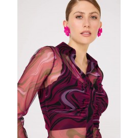 Abstract Print Ruched Button-Front Mesh Blouse