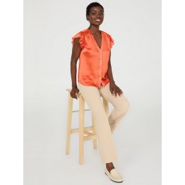 Crinkle Satin Ruffle Sleeve Button-Front Blouse