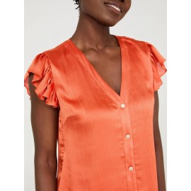 Crinkle Satin Ruffle Sleeve Button-Front Blouse