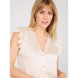 Crinkle Satin Ruffle Sleeve Button-Front Blouse