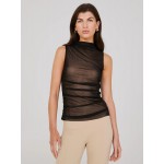 One-Shoulder Mock Neck Top With Mesh Overlay