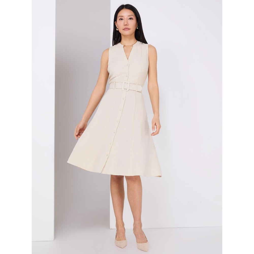 Linen Split Neck Belted Fit & Flare Dress
