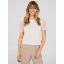 Floral Embroidered Mesh Top With Scallop Edges