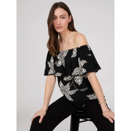 Floral Print Off-The-Shoulder Textured Top
