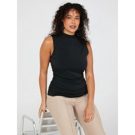 Sleeveless Mock Neck Top With Ruched Details