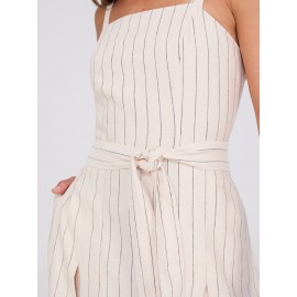 Striped Linen Knee Length Dress With Pockets