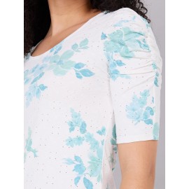 Floral Print Eyelet Top With Ruched Sleeves