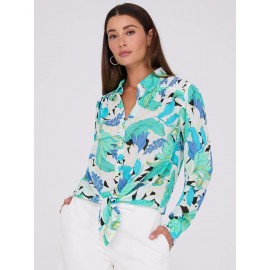 Printed Button-Front Blouse With Tie Front