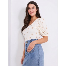 Dot Print Puff Sleeve Square Neck Top