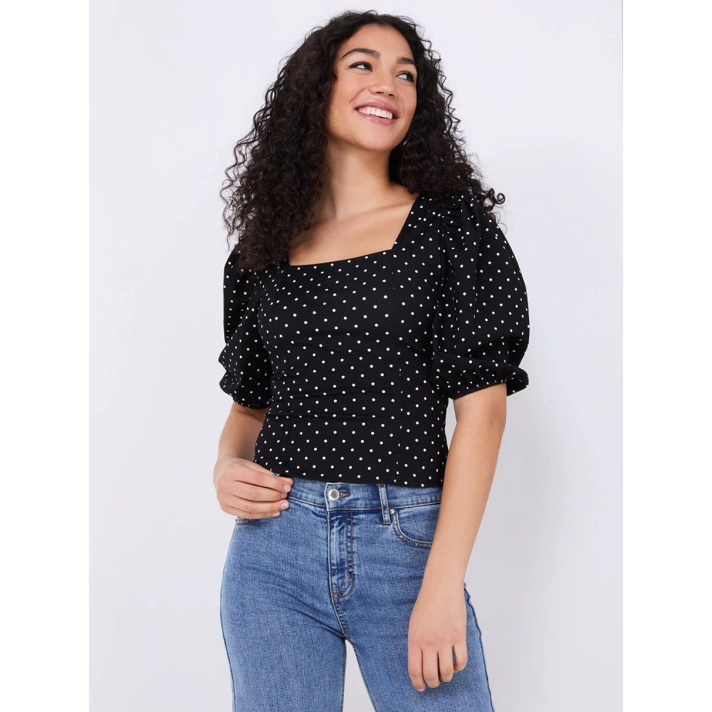 Dot Print Puff Sleeve Square Neck Top