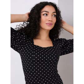 Dot Print Puff Sleeve Square Neck Top