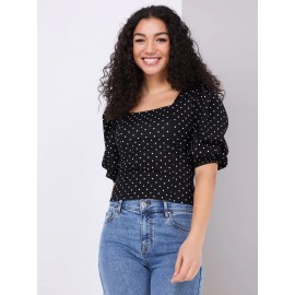 Dot Print Puff Sleeve Square Neck Top