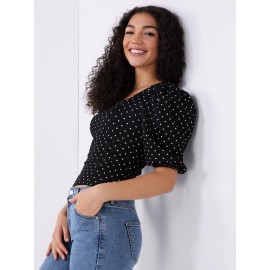 Dot Print Puff Sleeve Square Neck Top