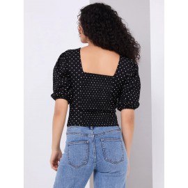 Dot Print Puff Sleeve Square Neck Top