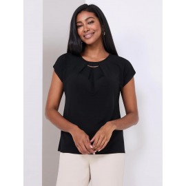 Pleated Short Sleeve Top With Metal Bar Detail