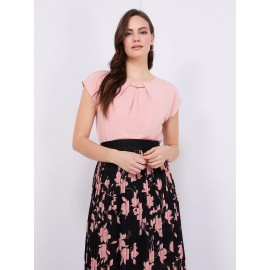 Pleated Short Sleeve Top With Metal Bar Detail