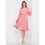 Crossover Belted Midi Dress With Pleated Skirt