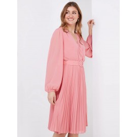 Crossover Belted Midi Dress With Pleated Skirt