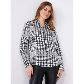 Houndstooth Satin Split Neck Button-Front Blouse