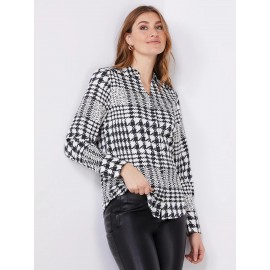 Houndstooth Satin Split Neck Button-Front Blouse