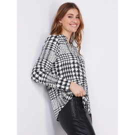 Houndstooth Satin Split Neck Button-Front Blouse