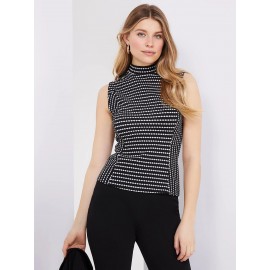 Printed Textured Sleeveless Mock Neck Top