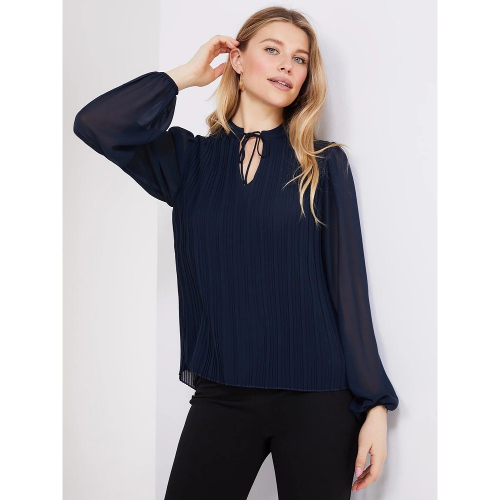Pleated Chiffon Split Neck Popover Blouse