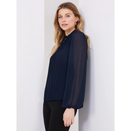 Pleated Chiffon Split Neck Popover Blouse