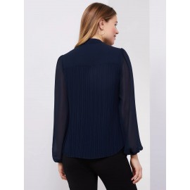 Pleated Chiffon Split Neck Popover Blouse