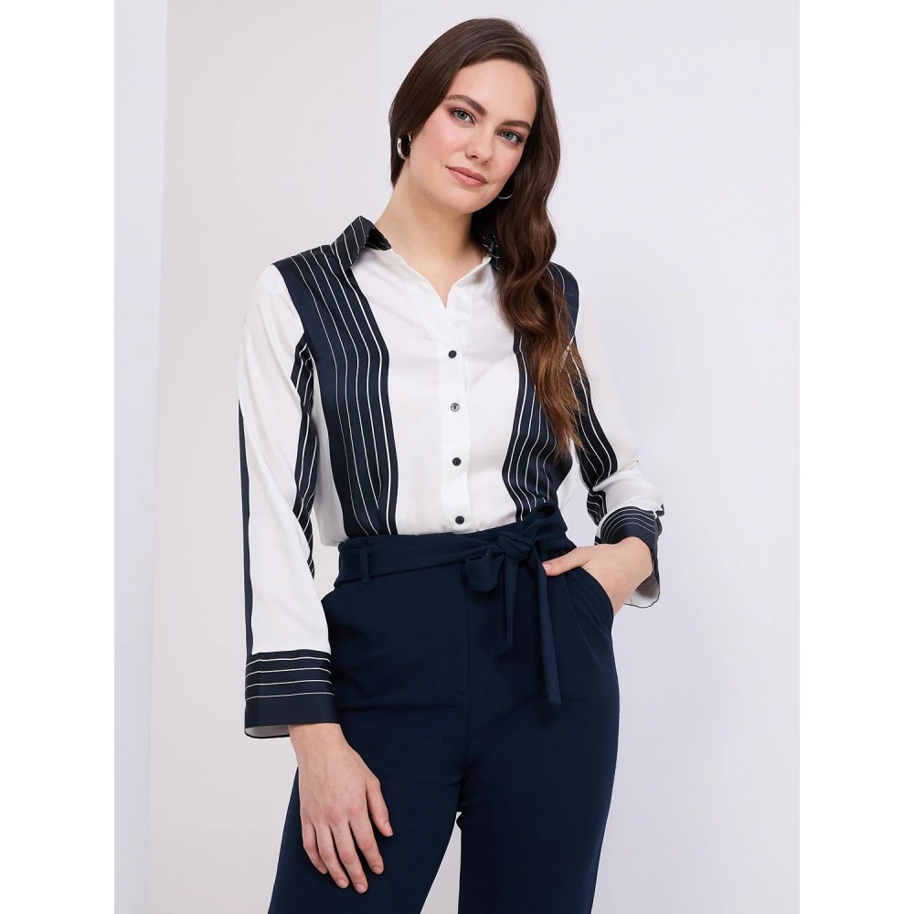 Colour Block Striped Satin Button-Front Blouse