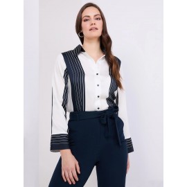 Colour Block Striped Satin Button-Front Blouse
