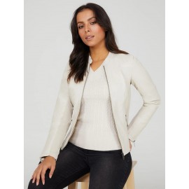 Collarless Faux Leather Jacket
