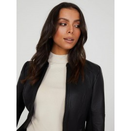 Collarless Faux Leather Jacket