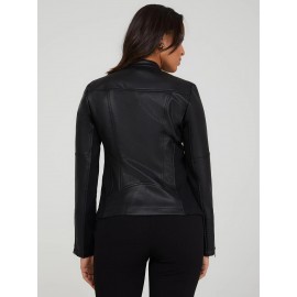 Collarless Faux Leather Jacket