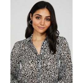 Printed Button-Front Blouse With Pleated Sleeves