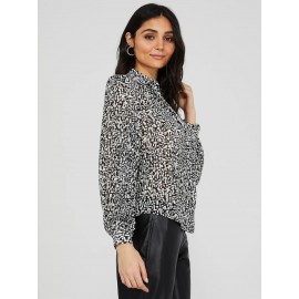 Printed Button-Front Blouse With Pleated Sleeves