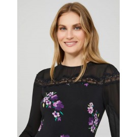 Long Balloon Sleeve Ditsy Floral Crew Neck Top
