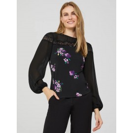 Long Balloon Sleeve Ditsy Floral Crew Neck Top