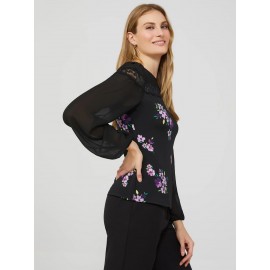 Long Balloon Sleeve Ditsy Floral Crew Neck Top