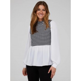 2-Fer Houndstooth Vest With Crepe Long Sleeve Top