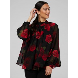 Floral Print Chiffon High Neck Blouse With Voluminous Sleeves