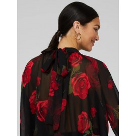Floral Print Chiffon High Neck Blouse With Voluminous Sleeves