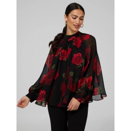 Floral Print Chiffon High Neck Blouse With Voluminous Sleeves