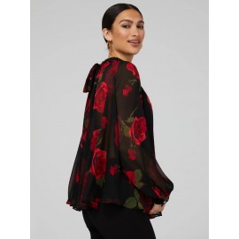 Floral Print Chiffon High Neck Blouse With Voluminous Sleeves