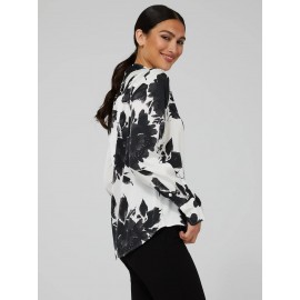 Printed Satin Split Neck Button-Front Blouse