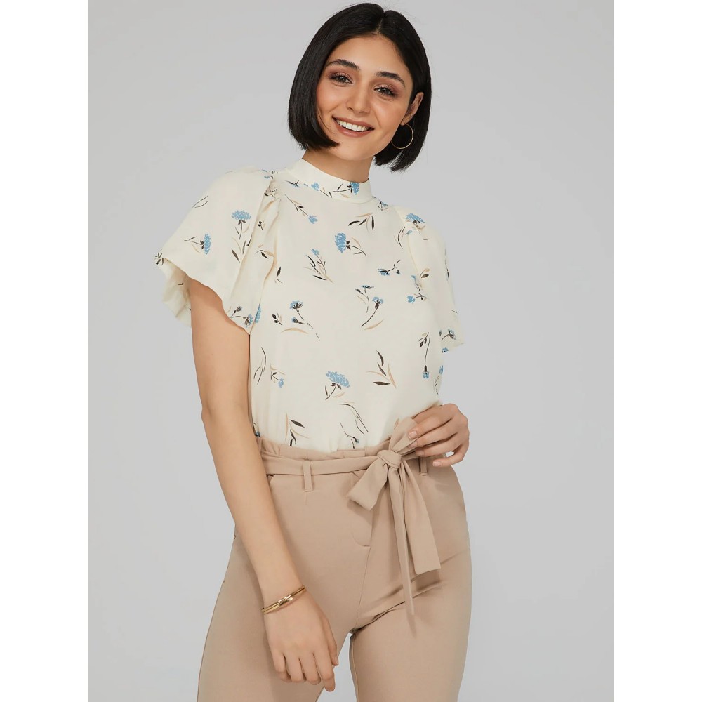 Printed Mock Neck Blouse With Open Back