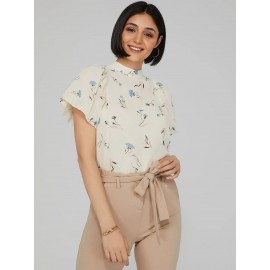 Printed Mock Neck Blouse With Open Back